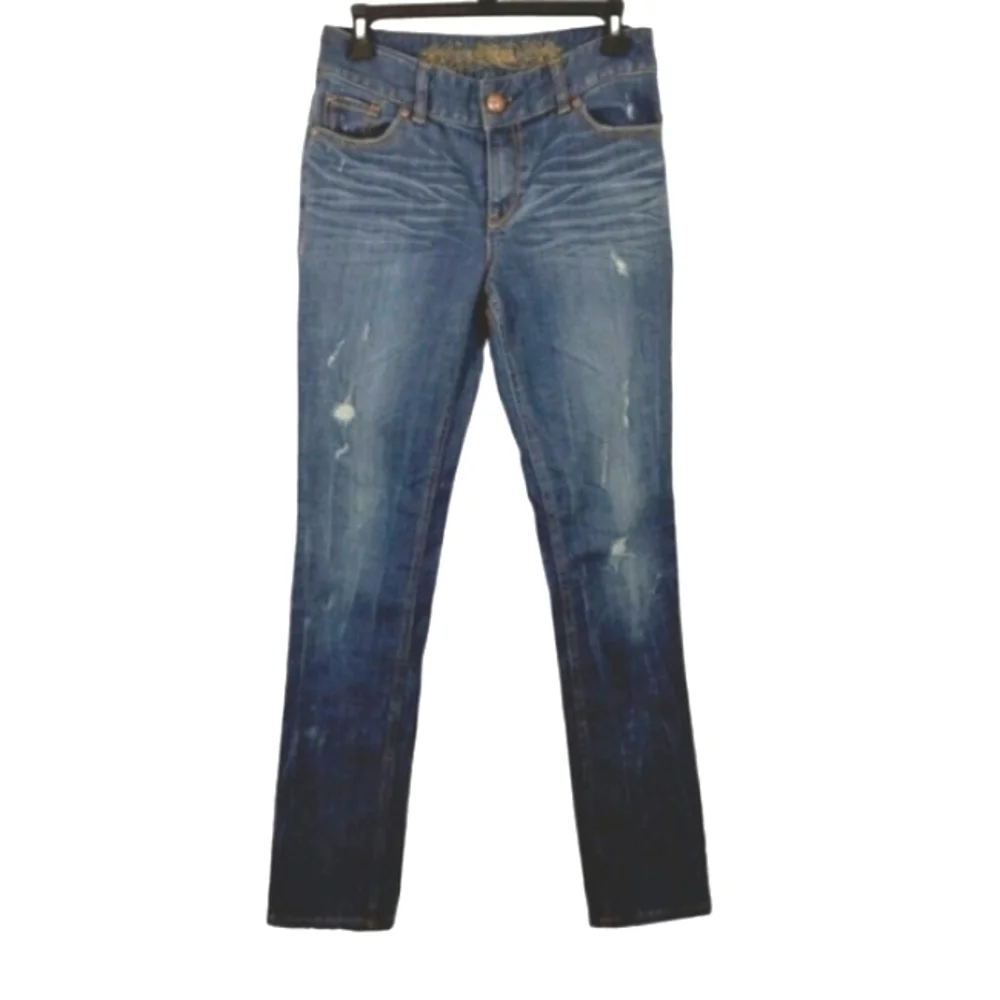 VTG Express Jeans Sz 0 Blue Denim Distressed Straight Leg Jeans Womens Mid RIse - Picture 3 of 9